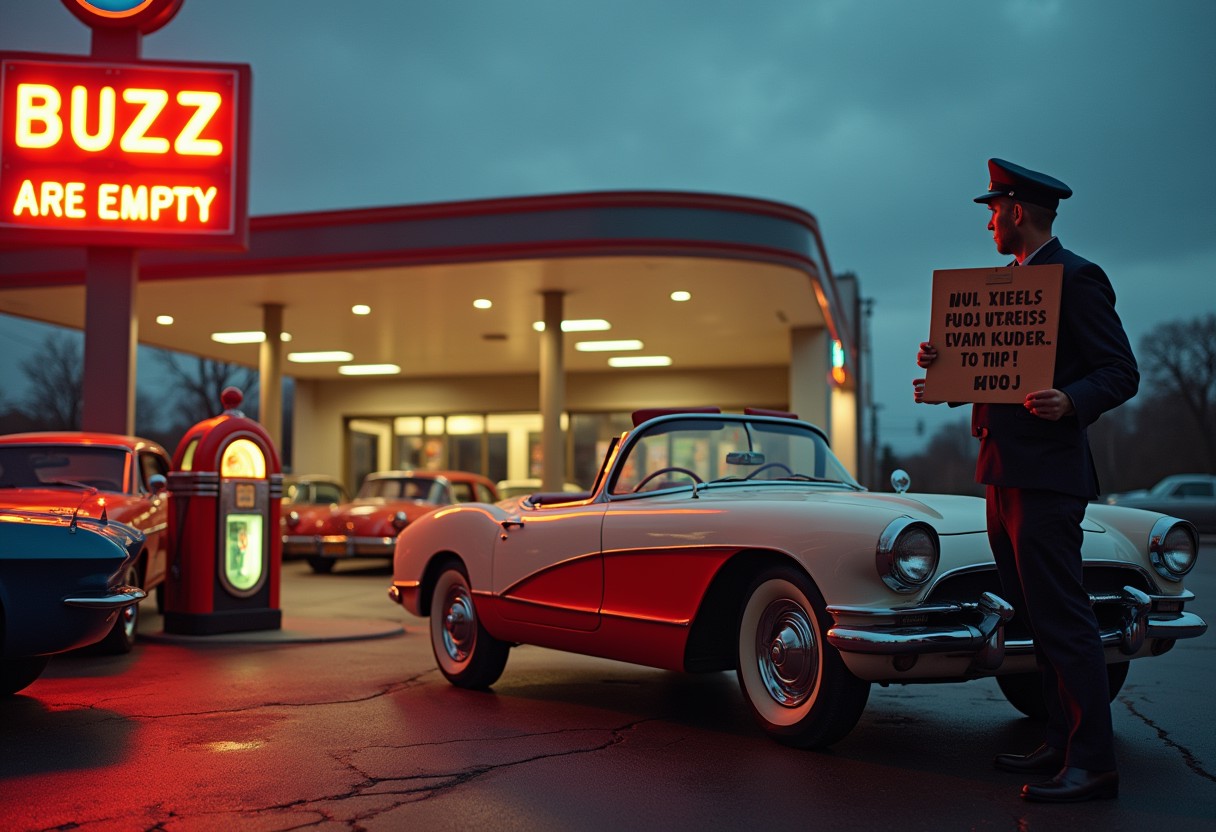 A vintage 1950s gas station at twilight, with many classic cars parked by the pumps. The neon signs glow warmly reads "BUZZ are Empty ", creating a nostalgic atmosphere. A friendly attendant in a uniform with a peaked cap is cleaning the windshield of a sleek, two-toned convertible while a jukebox inside the station plays rock 'n' roll hits. a sad man at a protest holding a sign that says “SUPPORT YOUR FAVORITE CREATORS! TIP BUZZ!”