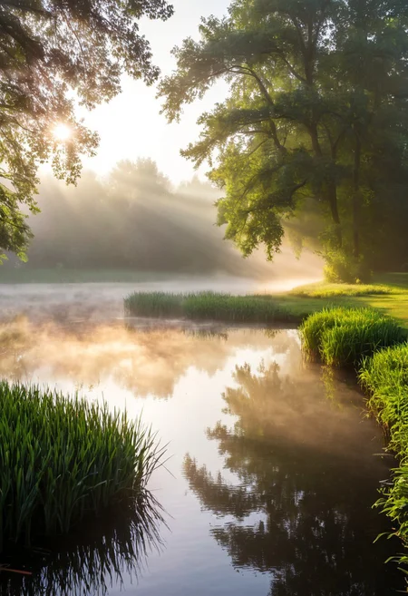 dawn, thick fog over a pond in the park, the sun's rays break through the fog