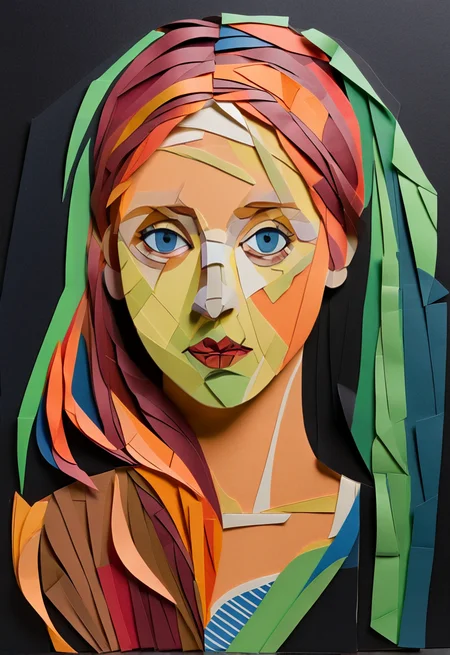 (a red headed girl in a tank top, ponytail braid hanging over shoulder, very serious expression, dainty features, high cheekbones:0.6), abstract patterns of color and curve, layering of complementary colors, rule of thirds, perfect composition, (PaperCutout style:1.1)