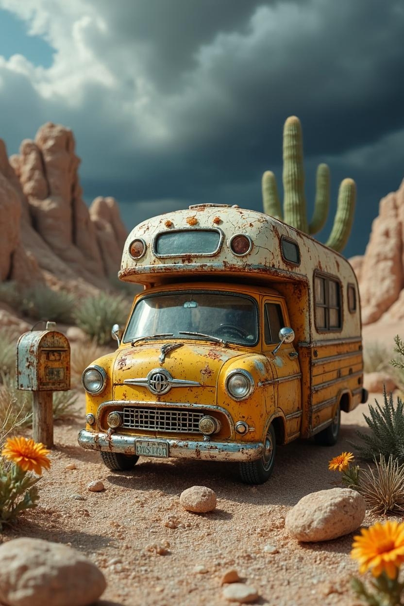 <lora:ck-candyFLUX.safetensors:1> candy colors in the style of ckcf,
In the heart of a weathered, sculptural landscape, a miniature vintage recreational vehicle stands as a testament to bygone eras. The RV, a converted truck with a body of cracked, yellow-painted metal, is adorned with patches of rust that form intricate, ancient patterns, suggesting a history of extensive use and the relentless passage of time. The front grille, a gleaming relic of chrome, curves elegantly between round, hollow headlights, casting deep, shadowed cavities that evoke a sense of mysterious allure. The slightly opaque windshield adds a layer of enigma to the vehicle, as if it holds untold stories within its antique frame. The roof features a prominent overhang, styled with a brittle, mask-like quality, as though carved from ancient, sun-bleached wood.
The desert terrain surrounding the RV is a surreal tapestry of coarse sand and scattered stones, with deep, shadowed cavities that echo the vehicle's own aged texture. Sparse vegetation, sparse and resilient, punctuates the arid landscape, while towering cacti, their forms twisted and gnarled, rise like ancient sentinels, their surfaces etched with the marks of time. The scene is further accentuated by a small, gray-painted mailbox, its surface pitted and rusted, and a simple bench nearby, adorned with a bright orange flower that stands out vividly against the earth-toned setting. This vibrant accent serves as a stark contrast to the overall melancholic atmosphere.
Above, the sky is a swirling, layered backdrop of dark, foreboding clouds, hinting at an impending storm. The dramatic tension between the bright, weathered yellow of the RV and the brooding sky creates a surreal, almost otherworldly mood. The scene, with its meticulous attention to detail and realistic textures, seems almost lifelike, as if the miniature model has transcended its scale to become a portal to a forgotten era. The craftsmanship is evident in every intricate element, inviting viewers to ponder the journeys taken and the stories left untold within the confines of this aged vehicle.
