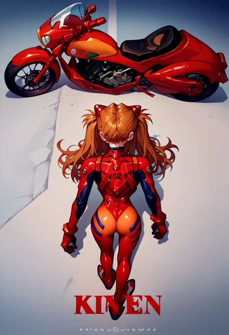 score_9, score_8_up, score_7_up, source_anime, akiraposter, logo, character name, from above, from behind, solo, 1girl, souryuu asuka langley, neon genesis evangelion, twintails, red bodysuit, red gloves, ground vehicle, motorcycle <lora:concept_akiraposter_ponyXL:1>