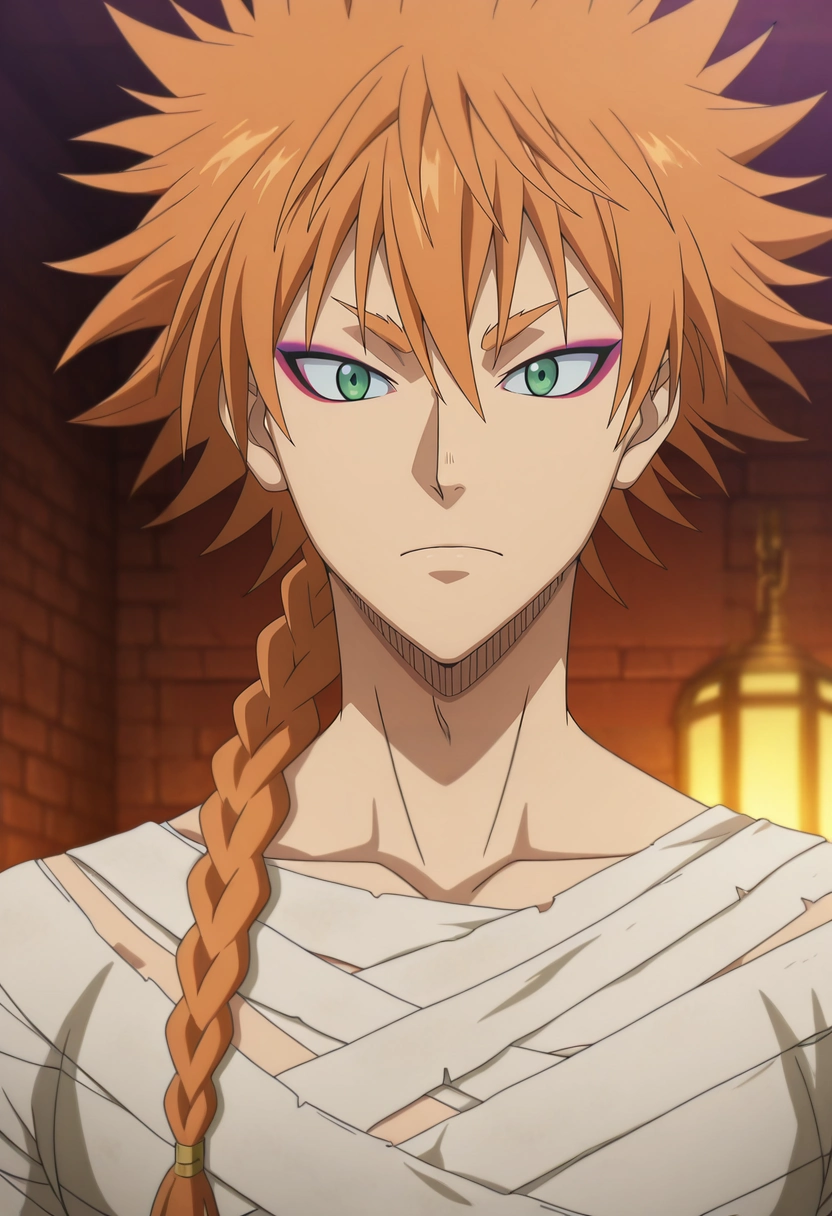 masterpiece, best quality, , anime screencap, anime coloring, official style, , 1boy, solo, male focus, <lora:leopold_vermillion_ilxl:0.98>, leopold_vermillion, orange hair, green eyes, spiked hair, long hair, braid, single braid, makeup, eyeshadow, eyeliner, , , mummy costume