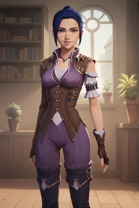 score_9, score_8_up, score_7_up, score_6_up, score_5_up, score_4_up, BREAK source_anime, 1girl, solo,
<lora:ArcaneCaitlynXL-v3-07:0.7>, ChopioCaitlyn, blue hair, shiny hair, blue eyes, looking at viewer,
medium breasts,
short hair, ponytail, sidelocks,
outfit_2, pendant, brown jacket, purple jumpsuit, white shirt, underbust corset, brown corset, single sleeve, long sleeve, single sleeve, long sleeve, arm belt, brown gloves, fingerless gloves, thigh boots, black footwear,
indoors, bookshelf, window, potted plant, wooden floor, standing, smile, cowboy shot, parted lips,