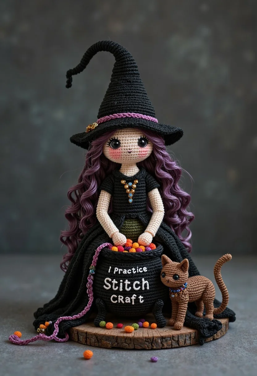 BlackColor cr0ch3tcut3styl3, masterpiece object photography of a crocheted witch with cauldron and cat. text says "I Practice Stitch Craft", background is charcoal-grey. <lora:BlackColor:0.8> , <lora:Crochet_cute:0.81>