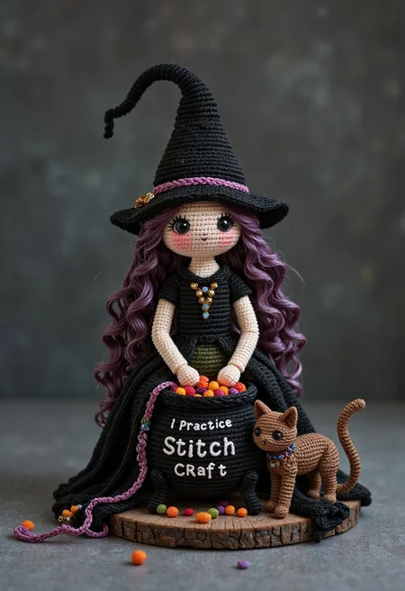 BlackColor cr0ch3tcut3styl3, masterpiece object photography of a crocheted witch with cauldron and cat. text says "I Practice Stitch Craft", background is charcoal-grey. <lora:BlackColor:0.8> , <lora:Crochet_cute:0.81>