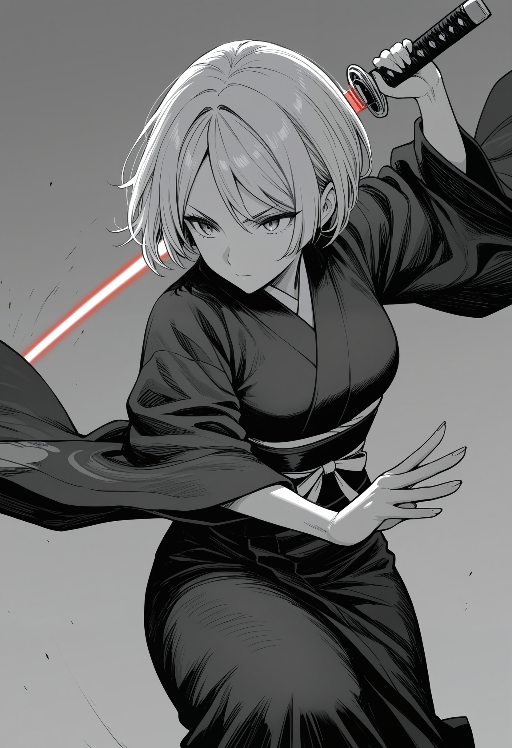 masterpiece, best quality, absurdres, knibor, monochrome, greyscale,
1girl, solo, kimono, katana, energy sword, red sword, fighting stance, slashing,
simple background