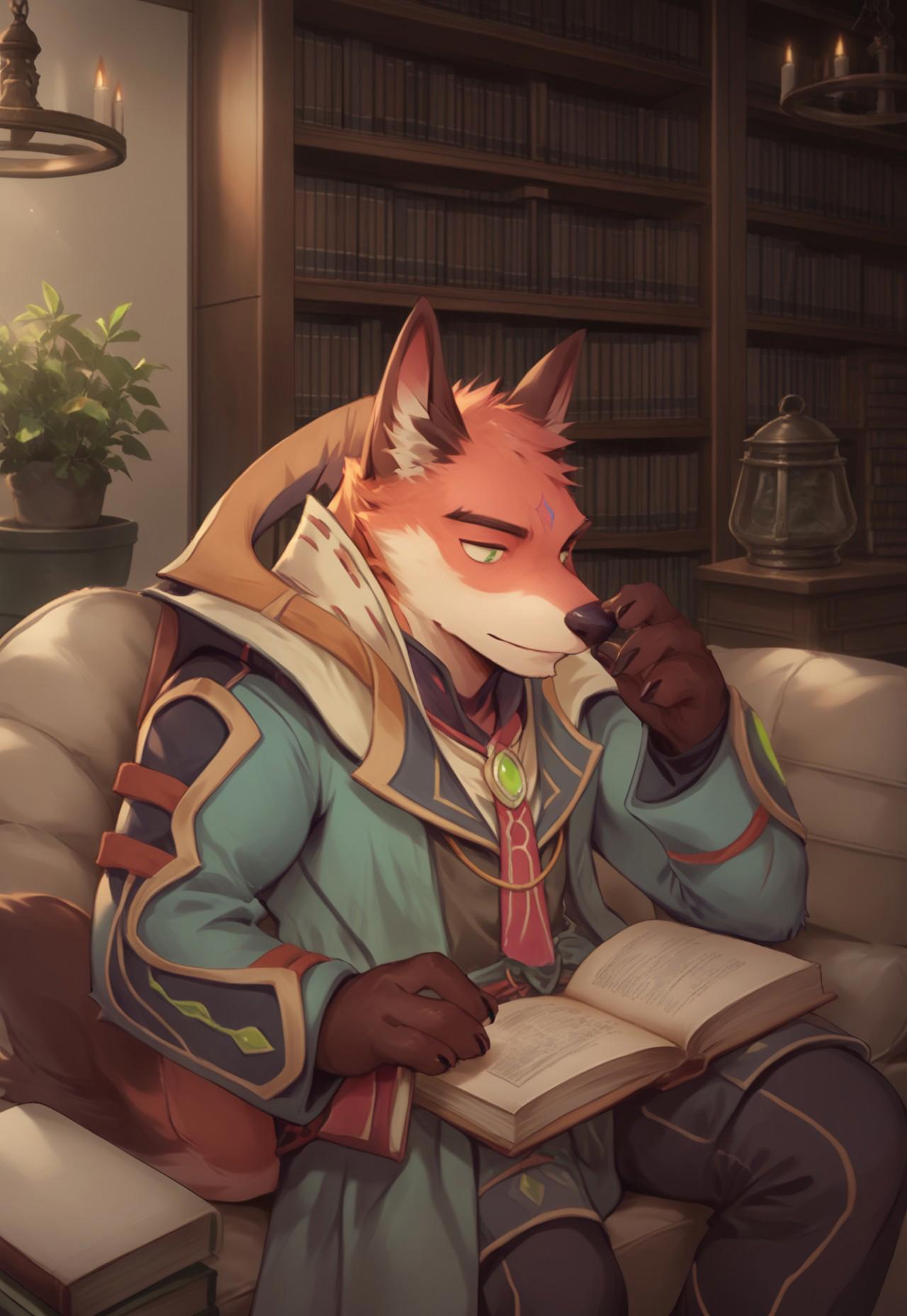 score_9, score_8_up, score_7_up, source_anime, furry, 1boy, solo, lambert, fox boy, green eyes, tail, coat, reading book, sitting on sofa, chilling, indoors, bookshelves