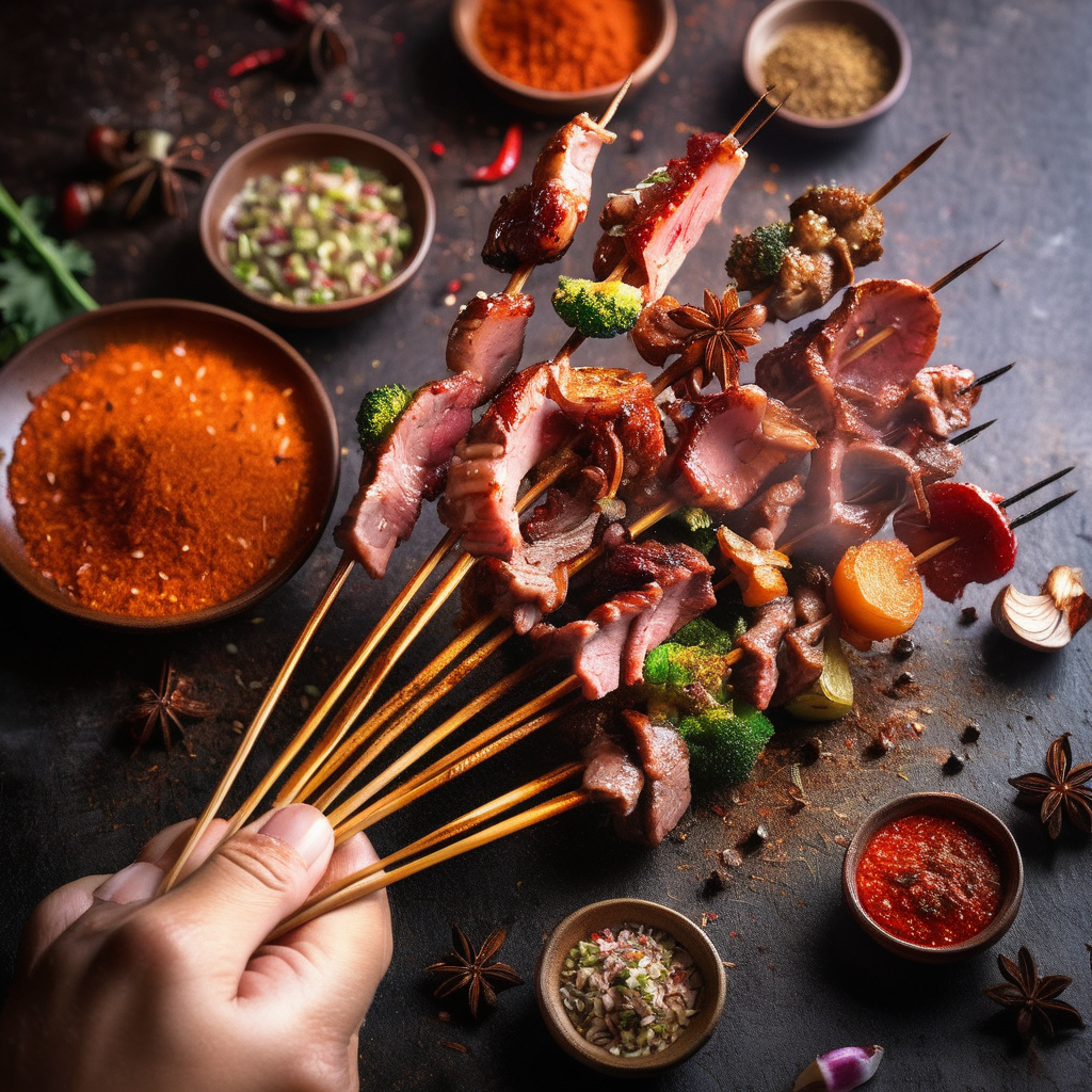 raw photo, reality,in the dark ,a person can be seen holding skewers of meat and spices. The person's hand is firmly gripping one of the skewers, showcasing the delicious array of flavors and aromas. The skewers are expertly prepared, with neat arrangements of meat and spices threaded onto them. The tantalizing mix of colors and textures is evident, making it clear that this dish is a feast for the senses. Additionally, a plate filled with a delectable combination of broccoli and meat is placed nearby, completing the appetizing scene. The dish is presented in an elegant manner, with the vibrant colors of the broccoli and meat contrasting against the white plate. The overall composition is visually appealing, and the image captures the essence of a scrumptious and satisfying meal, <lora:cn_lamb_bbq:0.85>, xhunxhun