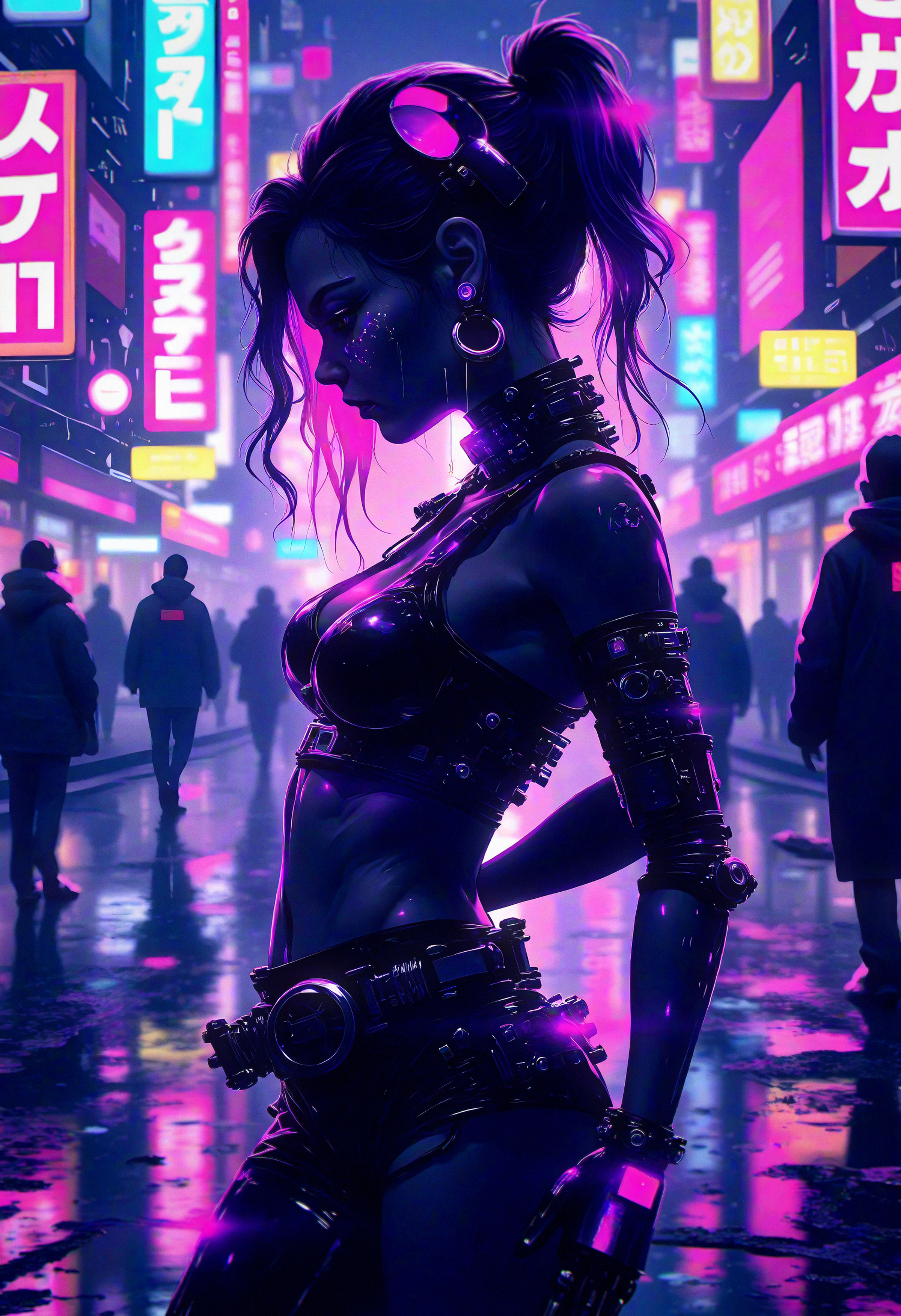 bo-cpposter, high-contrast digital illustration, cyberpunk goth girl, glowing neon purple highlights, sleek black outfit, dark cybernetic implants, rain-soaked streets, neon-lit city, futuristic urban setting, edgy style, dystopian atmosphere, neon reflections, dynamic lighting, cyberpunk fashion, futuristic cyberwear, dark aesthetics, cyberpunk portrait. , <lora:Flux\boFLUX Cyberpunk Poster.safetensors:1.4000000000000001:1.4000000000000001>