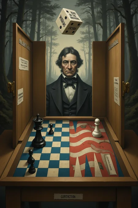 A surreal blend of a traditional voting booth and a game board, with the iconic figures of checkers and backgammon engaging in a strategic match. On the checkers side, a black king piece, labeled "Majority Rule, " confidently moves across a board composed of a map of the United States, its squares alternating between blue and red states. On the backgammon side, a white pawn, symbolizing the "Voice of the Individual, " thoughtfully considers its next play on a board designed as a wavy American flag, with the pieces in a tense formation around a central point marked "Civil Liberties." Both games are cast in a soft, ethereal light that suggests the moral dimension of the political arena. Above them, a single die hovers, inscribed with the words "Chance" and "Conviction, " hinting at the unpredictable interplay between individual will and collective decision-making. In the background, a silhouette of Henry David Thoreau observes the scene through the open door of the voting booth, which is situated in the heart of a serene woodland setting, reminiscent of Walden Pond. The contrast between the seriousness of the political process and the casualness of the game underscores Thoreau's notion that voting is a gamble on the future, yet the presence of the wilderness symbolizes the steadfastness of personal beliefs amidst the fleeting nature of public opinion.