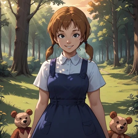 score_9, score_8, BREAK, brown hair, twintails, black eyes, white shirt, dark blue overall dress, brown shoes, Penny_(The_Rescuers), cute, teddy bear, adult female, mature female, breasts, sexy pose, self portrait, smile, outdoors, sunlight, shadows, evening lighting, natural lighting, forest, trees, grass, orange sky, sunset