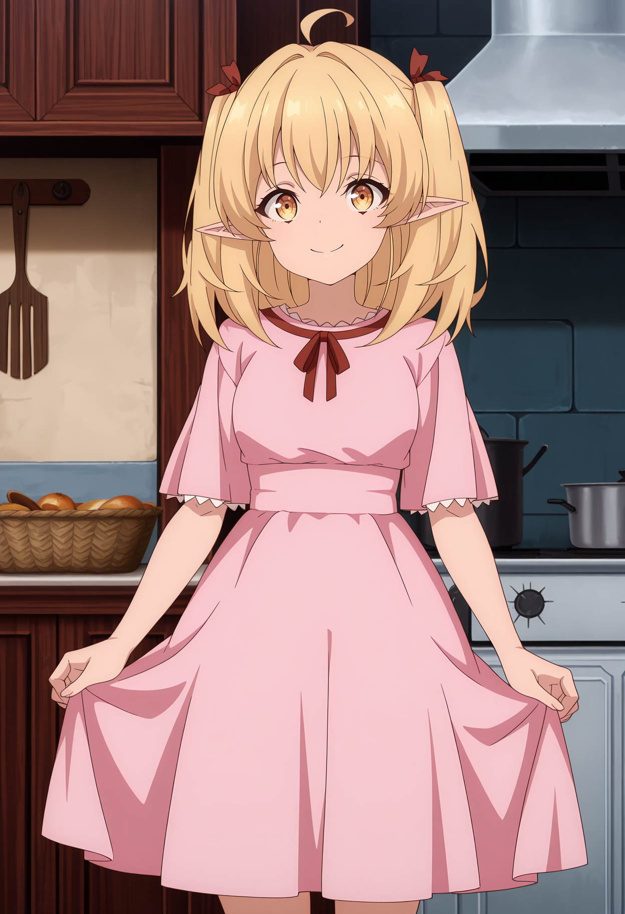anime screencap, masterpiece, best quality,
<lora:YamiHealer_Lily_IlluXL:0.9>,
1girl, solo, closed mouth, smile,
two side up, ahoge, medium hair, blonde hair, yellow eyes, pointy ears, hair ribbon,
medium dress, pink dress, dress ribon, red ribbon, short sleeves,
standing, looking at viewer, cowboy shot,
indoors, kitchen, medieval, photo background, blurry background