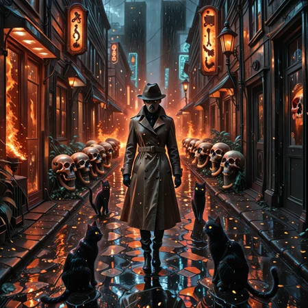 cf_style, skullthemeXL, noir lighting, rain particles, shadowed contrasts, cartoon realism, dramatic pose,
(1 detective cat), wearing a long trench coat and fedora, holding a glowing cigarette, walking through a rain-slick alley.  
Neon signs shaped like skulls flicker in the background, light reflecting in puddles shaped like teeth.  
Shadowy figures with skull faces watch from fire escapes above, streetlamps shaped like femurs cast eerie beams.  
Monochrome palette with selective color: red glow from signs and orange embers from cigarette. Stylized reflection and noir mood composition.