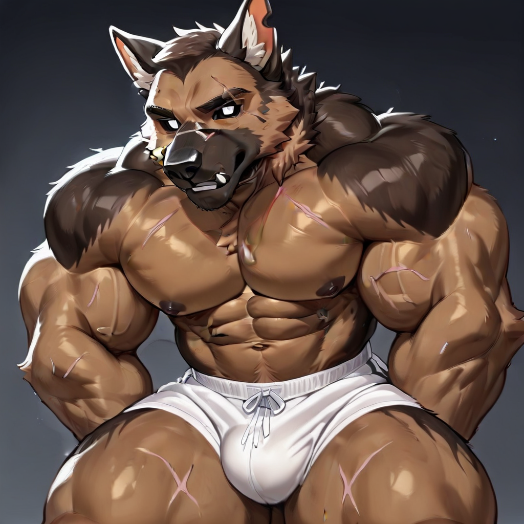 muscular, scars, masturbation, bodybuilder, black penis, big penis, white shorts, brown body, clipped left ear, black sclera, furry, brown balls, muscular male, brown fur, biceps, linear scar, white short, veiny, white eyes, scars on arm