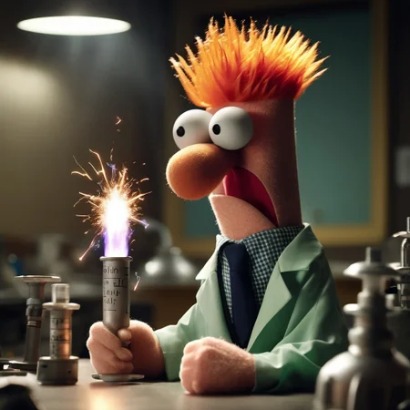 Raw Photography, from front, facing camera,
Portrait of Beaker at table in chemical labor, open mouth, furry, scared,
holding a length of cabal in each hand, smoke fills the room, sparks fly. a screen behind him shows the message "Civitai will be right back",,
BeakerLoraXL