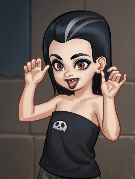 score_9,score_8_up,score_7_up,score_6_up,score_5_up,score_4_up,
1girl. solo, stsodette, female child, young, brown eyes, black hair, makeup, eyeshadow, dark lips, happy, open mouth, black tube top, looking at viewer, tongue out,
<lora:age_slider_v4:-4>
<lora:1StS_PonyXL_Detail_Slider_v1.4_iteration_3:1>
<lora:stsOdette-10e:1>