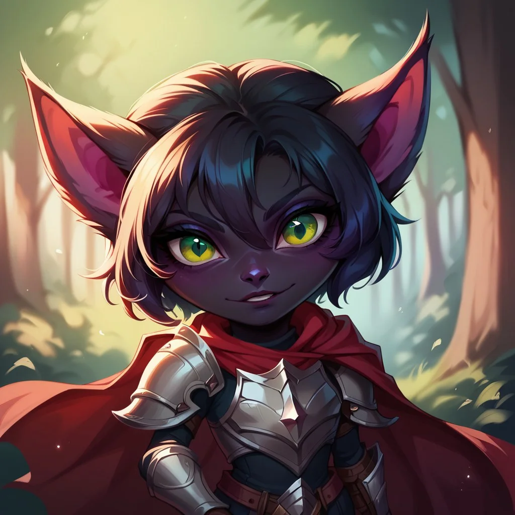 (((detailed, beautiful, high quality))), score_9, score_8_up, score_7_up, upper body,
yordle, short stature, shortstack, pointed ears, big eyes, fur,
1 girl, black fur, green eyes, grey armor, red cape, long black hair,
looking at the viewer, posing,
forest background, blurred background,