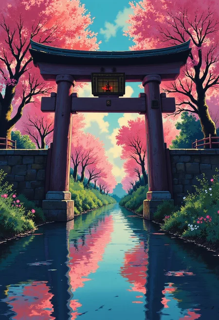 Vector art, uhd, 8k, 4k, epic, dramatic, 4k quality, (Perfect hand:1.4), (masterpiece), (superhero), detailed, ghiblistyle, Perfect hand
Rendered in a style redolent of Impressionism, the painting utilizes a vibrant.
A japanese tori gate with a reflective pond infront. The tori gate reflected in the pond. Cherry blossom trees are behind the gate. 
Dim lighting, sharp detail, cinematic lighting