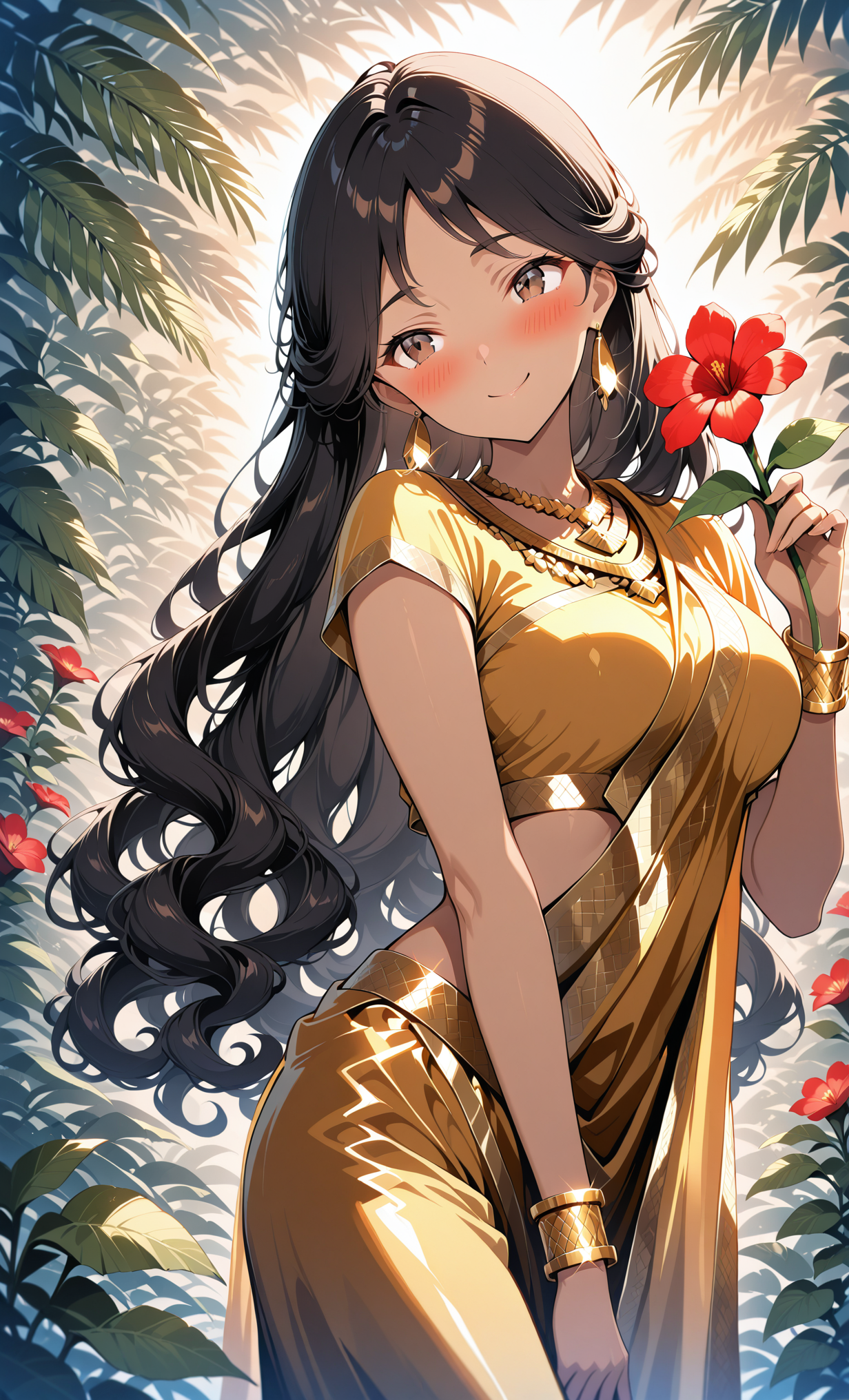 masterpiece, best quality, amazing quality, girl, brown skin, tan skin, perfect brown eyes, very long black hair, wavy hair, whispy bangs, medium breasts, 8k, highest quality, ultra details,1girl, solo, 
yellow silk Sari, Indian Girl, Traditional Indian Clothes, Brown Skin, Bangles, Gold Bracelets, Gold necklace, Gold earrings,blush, head tilt, cute smile, summer season,beautiful jungle, red flowers, vines, holding a flower, ,outdoors, warm colors, warm lighting, cowboy shot <lora:Anime_Style_Indian_Sari_Saree_Dress:1> <lora:add_detail:1>