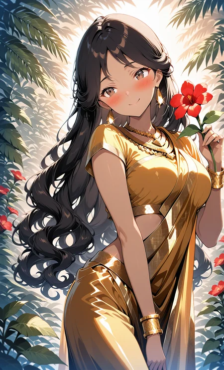 masterpiece, best quality, amazing quality, girl, brown skin, tan skin, perfect brown eyes, very long black hair, wavy hair, whispy bangs, medium breasts, 8k, highest quality, ultra details,1girl, solo, 
yellow silk Sari, Indian Girl, Traditional Indian Clothes, Brown Skin, Bangles, Gold Bracelets, Gold necklace, Gold earrings,blush, head tilt, cute smile, summer season,beautiful jungle, red flowers, vines, holding a flower, ,outdoors, warm colors, warm lighting, cowboy shot <lora:Anime_Style_Indian_Sari_Saree_Dress:1> <lora:add_detail:1>