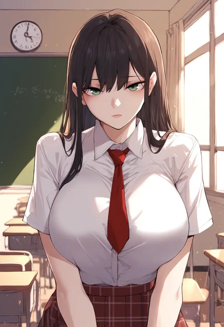 score_9, score_8_up, score_7_up, score_6_up, source_anime, rating_explicit, 1girl, (solo:1.1), huge breasts, <lora:Yoo Na-Ri prefectPonyxl:0.85> long hair, green eyes, black hair, brown hair, school uniform, red necktie, white shirt, collared shirt, short sleeves, plaid skirt, pleated skirt, expressionless, classroom, indoors, looking at viewer
