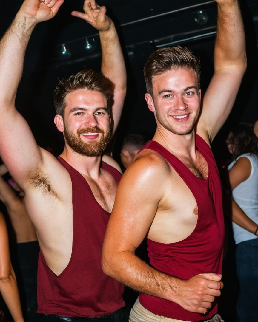 two person (back to back:1.2), one handsome happy hairy (man:1.2) and (woman:0.7) (medium body shot:1.2) of 28 years old Irish on a night club dancing floor wearing a dark (red:1.1) (tank:1.1) stringer (shirt:1.2) with (extreme low-cut dropped side holes:1.3), face, head, hands down, armpit hair popping out, woman big cleavage side boobs <lora:StringerSDXL_v1-000013:0.7@0,0.7@0.35,0.2@0.35>,  natural lighting, 4k uhd, dslr, soft lighting, high quality, Fujifilm XT3,