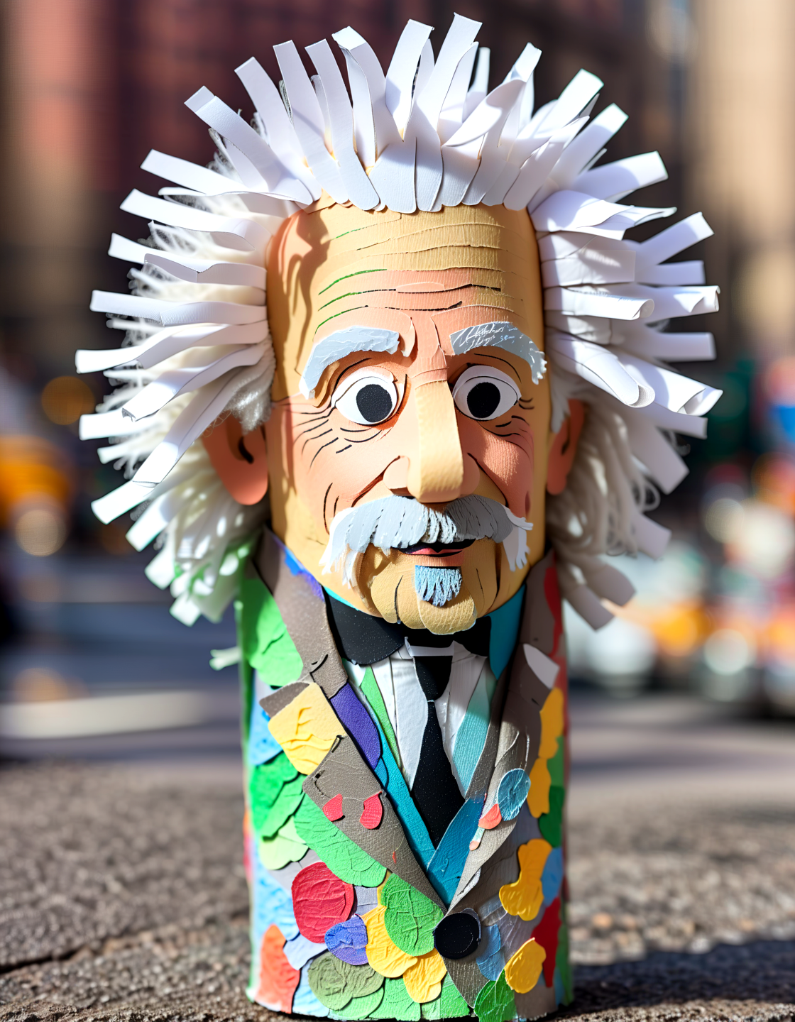 Macro Photography albert einstein made of toilete paper roll, tprc style, outside in new york,  clorfull, masterpice, 8k,,, Macro Photography, often for close-up views, small subjects, or detailed examination.