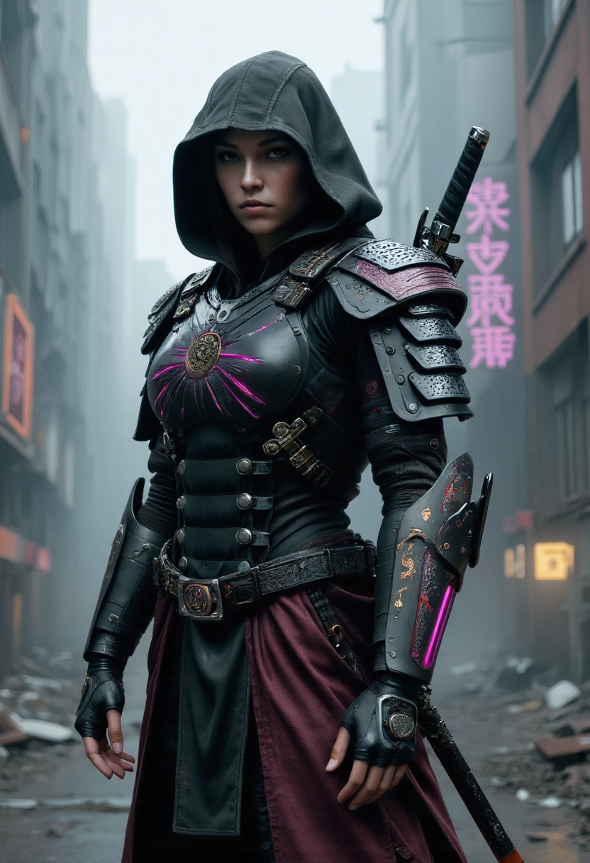 ninjapunk style, Cyberpunk ninja-samurai stands proudly, gazing directly at the viewer with an air of confidence and strength. Her fingerless gloves are a deep, rich black, and her shoulder armor is adorned with vibrant, neon-lit accents that seem to pulse with energy. Her hood is up, casting a shadow over her face, but her dimly glowing mechanical eyes gleam with a fierce intensity that's impossible to ignore. At her side, a sleek and deadly katana is sheathed, waiting for the moment when it will be called upon to strike.  Behind her, the dystopian cityscape stretches out in a riot of color and light, with towering skyscrapers collapsing and rusting, partially neon-lit advertisements broken with no maintenance. The air is thick with fog as the morning dew burns off, at atmospheric perspect just after dawn. Rhe smell of smoke and ozone hangs heavy over the city as a dillapidated industry comes to life for the day.  The scene is rendered in Ultra Realistic detail, respecting the artistic rule of thirds, every aspect of the image is meticulously detailed, from the intricate patterns on the samurai's armor to the subtle textures of the cityscape. The colors are high contrast with a matte / neon color pallete, with a depth and richness that seems to draw the view in.  <lora:other/fluxNinjaPunk_v1>,   <lora:other/flux_realism_lora>  . stealthy and agile aesthetic with ninja-inspired elements, cybernetic enhancements, and futuristic technology, post_apocalypticpunk style . desolate and grim aesthetic, rusted with heavy worn patina, with post-apocalyptic elements, mechanical enhancements, and futuristic technology