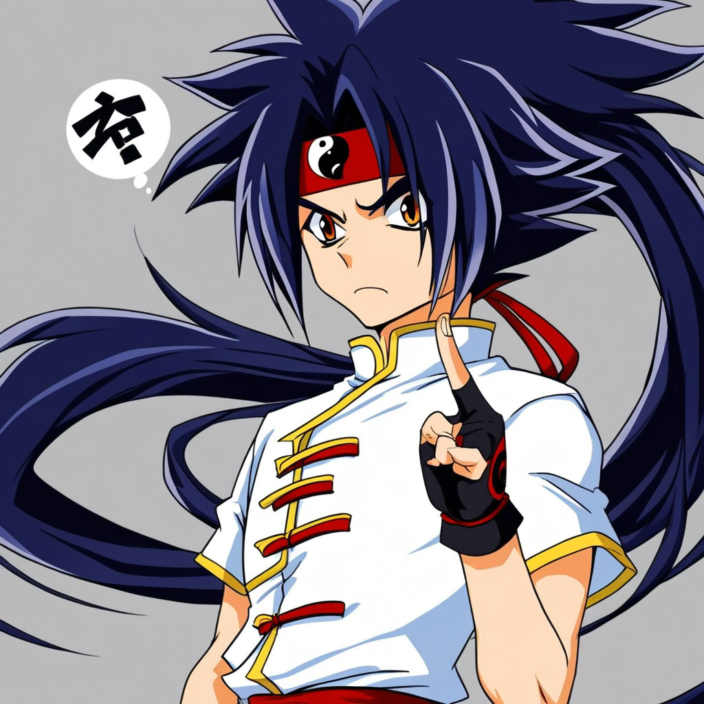 source_anime, eyes close, dark hair with a prominent tuft in the front, red headband featuring a yin-yang symbol, solo dark blue hair, light brown skin, black shoes, feeling tired, Ray Kon, red half finger gloves with yin-yang symbol, tone and a confident, orange eyes, white shirt with blue accents, very long hair, score_9, long hair ponytail, kung fu red belt, chinese outfits, 1boy, highly detailed, playful appearance