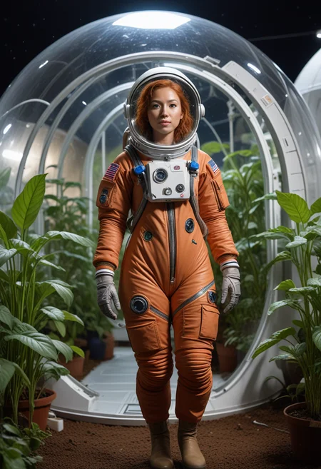 (medium full shot) of (adventurous astronaut) young woman, native american, tan skin, light brown eyes, curvy build, ginger hair, wearing a EVA suit, helmet, EVA gloves,EVA boots, oxygen tank, set in Planet Surface, Habitat Dome, large transparent dome with living quarters, hydroponic garden, workstations, communal areas, climate control systems , at night, woman surprised, open mouth, running toward the viewer, Masterpiece,best quality, photorealistic, amazing quality, very aesthetic, extremely detailed face,