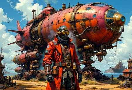 (in Tsutomo Nihei style:1.2), high-quality, masterpiece, **(Photorealistic, detailed, intricate, hyperreal)** Detailed illustration of a steampunk explorer, adorned with intricate gears and goggles, standing in front of a mechanical airship, vibrant colors, realistic textures, concept art by Ian McQue and Jakub Rozalski, (long shot), industrial landscape background., to enhance the otherworldly atmosphere, ensuring the color contrast captivates the viewer’s attention. aidmaimageupgrader High Detail, Perfect Composition, movie scenes, highly detailed. Photorealistic rendering, dramatic lighting, sharp contrast with a dark surreal atmosphere, (elaborate fine details:1.1), (hyperdetailed:1.1), (intricate details:1.0), (Refined details:1.1), (best quality:1.1), (high resolution:1.2)