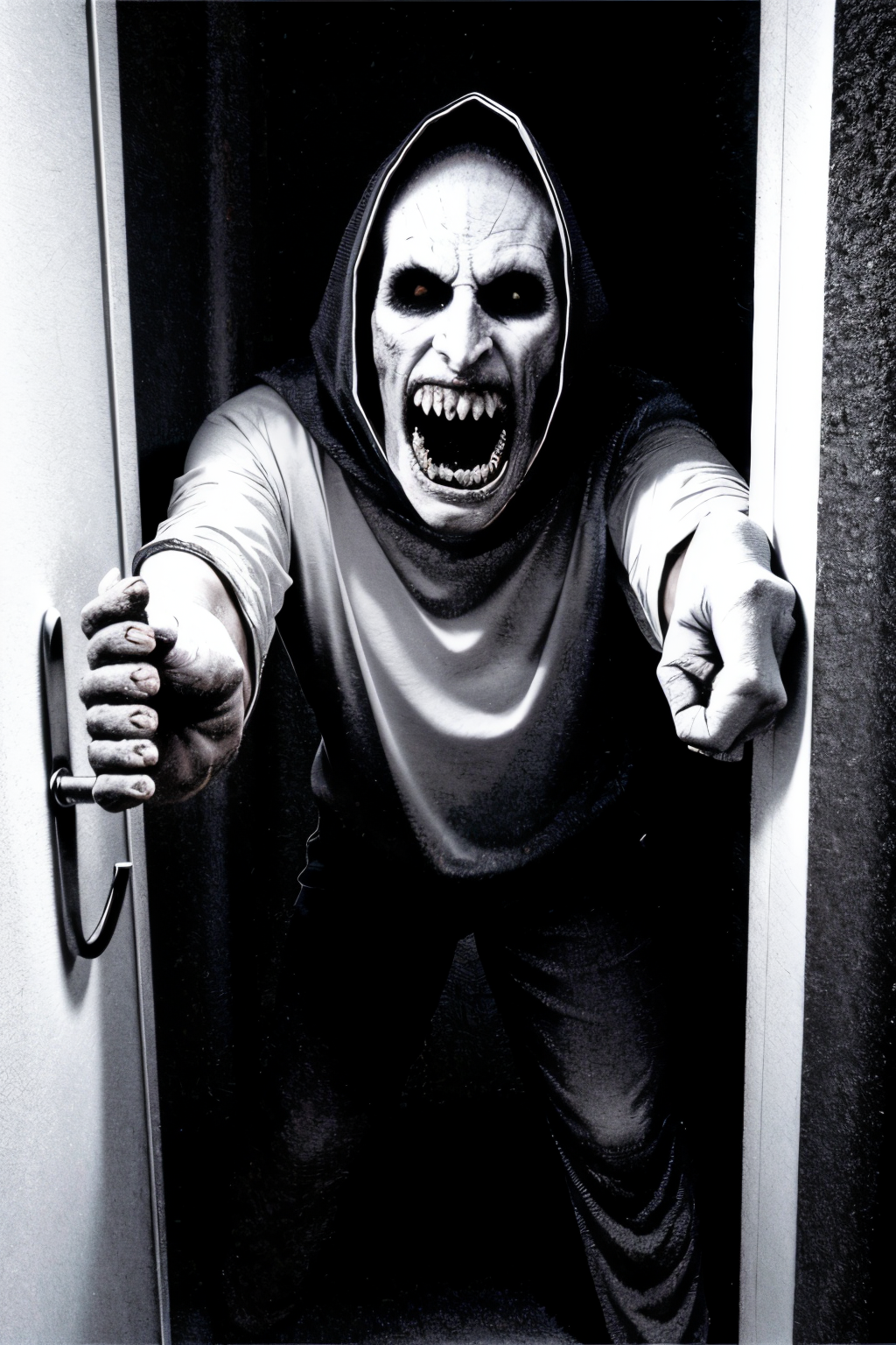 (Realistic:1.5) (masterpiece) (full body portrait)) horror black background, lamp, hood, male focus, monster, door, white shirt, hood, fingernails, monochrome, screaming, glowing eyes, skull, no pupils, pen, facing viewer,   <lora:EdobHorror_v1.0:0.8>