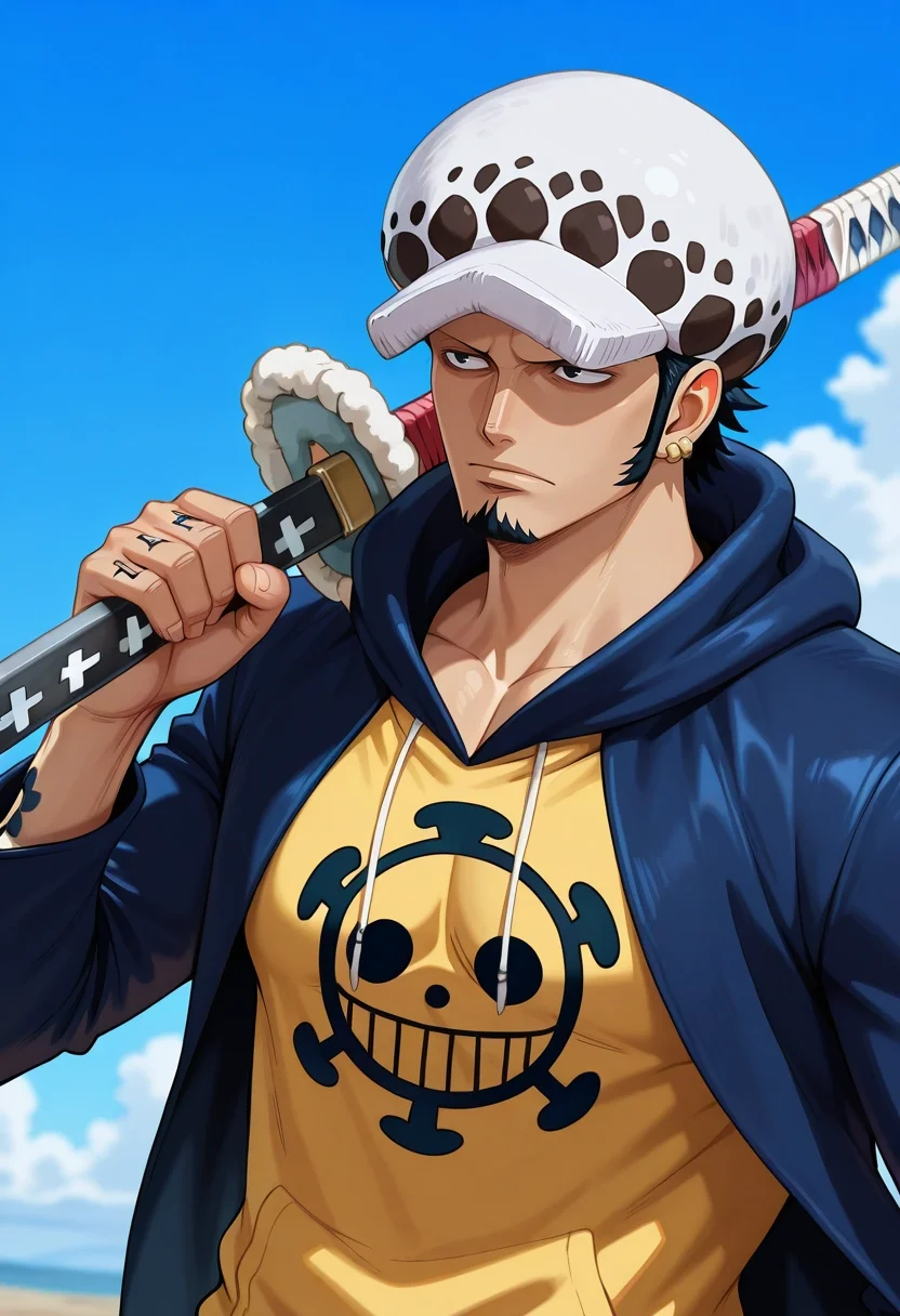masterpiece, best quality, , (photorealistic:0.6), , 1boy, solo, male focus, <lora:law_trafalgar_ilxl:0.96>, law_trafalgar, black hair, black eyes, short hair, facial hair, sideburns, long sideburns, goatee, hat, , post timeskip, weapon, sword, sheathed, holding weapon, ,