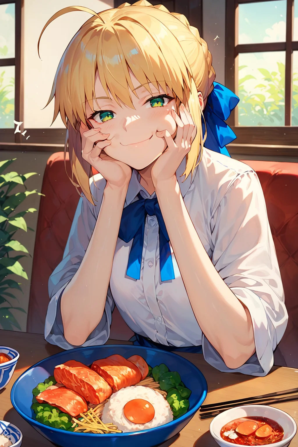 score_9, score_8_up, score_7_up, score_6_up,
<lora:smug_face_meme(pony):0.8> 1girl, solo, smug, smile, looking at viewer, closed mouth,
ahoge, artoria pendragon \(fate\), bangs, blonde hair, blue ribbon, blush, bowl, braid, chopsticks, eating, eyebrows visible through hair, food, hair ribbon, hand on own cheek, hand on own face, holding, holding chopsticks, plate, ribbon, rice, saber, shirt, sitting, table, white shirt