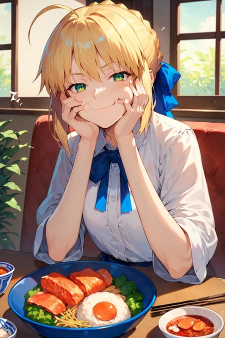 score_9, score_8_up, score_7_up, score_6_up,
<lora:smug_face_meme(pony):0.8> 1girl, solo, smug, smile, looking at viewer, closed mouth,
ahoge, artoria pendragon \(fate\), bangs, blonde hair, blue ribbon, blush, bowl, braid, chopsticks, eating, eyebrows visible through hair, food, hair ribbon, hand on own cheek, hand on own face, holding, holding chopsticks, plate, ribbon, rice, saber, shirt, sitting, table, white shirt