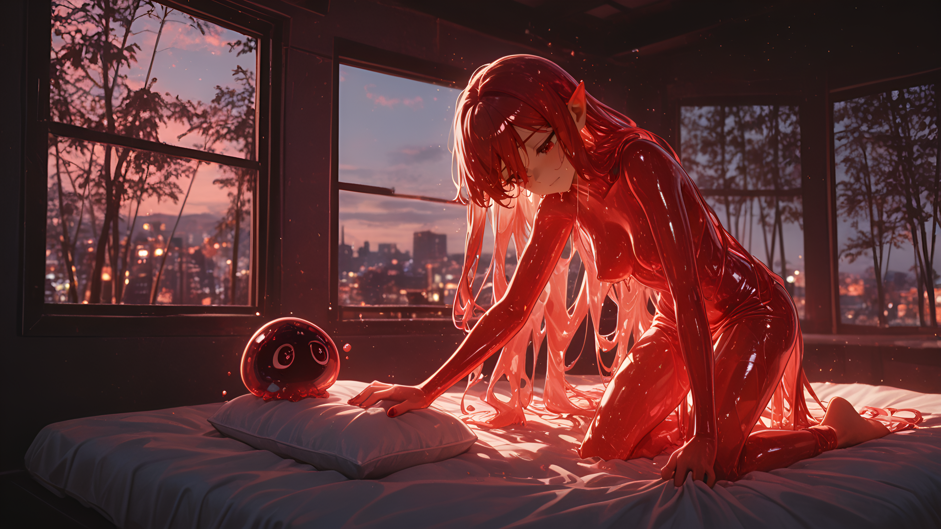 Wavy hair, absurdres, Red Theme, Minimalist bedroom, humid, fresh_details, 2boys, long hair, miniature world, nail_polish, Noon, view outside shows serene bamboo forest shifting into cyberpunk cityscape., Rocket Jetpack, amazing quality, Nui Harime (Kill la Kill), motion_lines:1.1, anime character, awakening_shadows, RTX, Front view, ambient occlusion, blurry background, light skin, morning_view, 8K, perky breasts, absolutely eye-catching, barefoot, ultra-detailed, sunrise_glow, depth of field, slime_(creature), masterpiece, 1girl, elf, Maxi dress in boho style with side slits up to the thigh., Split-color hair, bioluminescent light, hopeful_curves, shoji screen window, futon bed, motion_blur:1.1, best quality, newest, dawn_pinks, standing straight, Feet together, very aesthetic