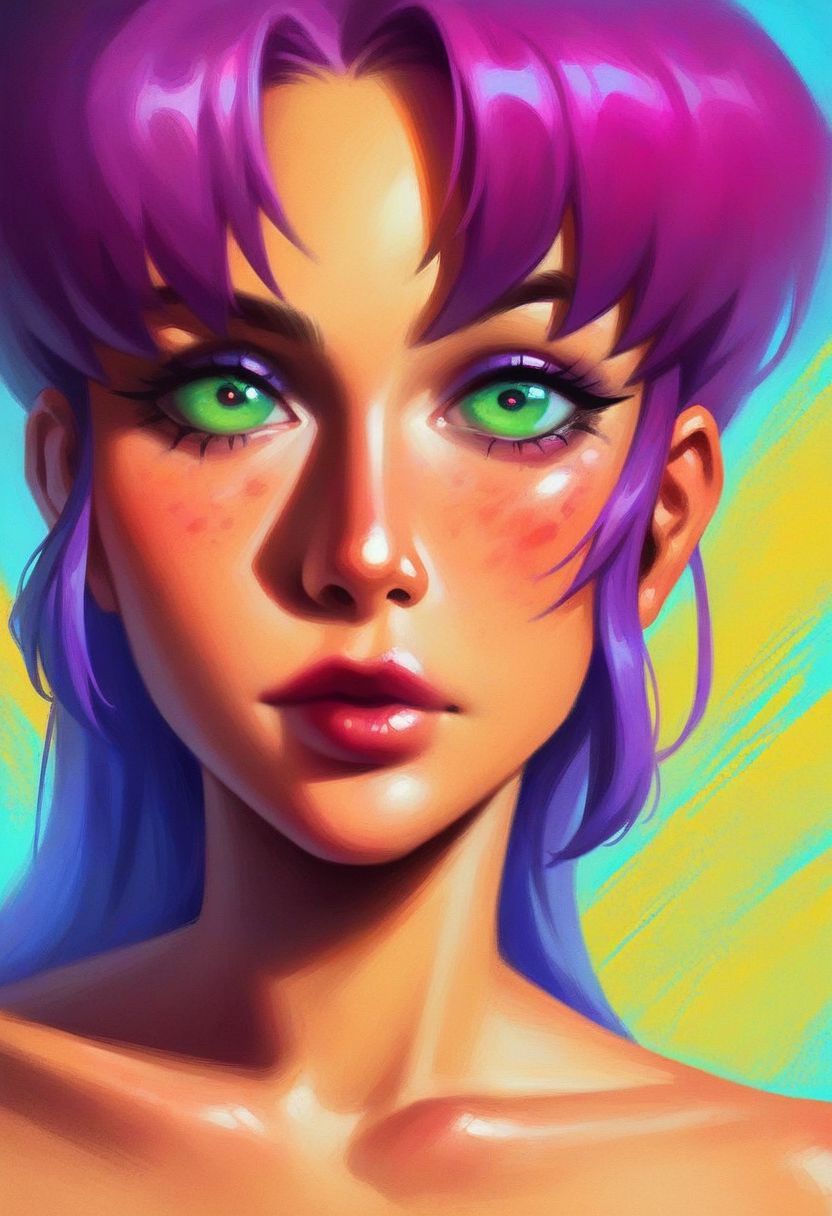 Futuristic anime, close up of face and eyes, erotic comic book oil painting with sharp contrast, tight shot of beautiful adult Starfire with long hair, dark african complexion, gorgeous face, large iridescent bright green colorful eyes, intense gaze, futuristic makeup with geometric patterns, dewey skin, orange skin color, bright purple hair, Exquisitely detailed close