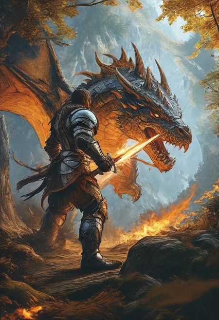 Knight fight against giant dragon, in beautiful forest, 8k action shot, knight in full armor, knight with giant flame sword,fighting, fantasy, gigantic dragon, bosstyle,