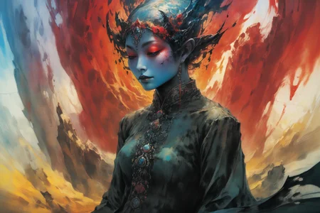 masterpiece, painted world, colorful splashes, <lora:Painted World-000006:1> with abstract and acrylic strokes, perfect face, perfectly shaded body, perfect eyes, completely covered and covered by the deep chinese mythology, by Ayami Kojima, Amano, Karol Bak, Greg Hildebrandt, and Mark Brooks, by Antonio Caparo, rich deep colors, Beksinski painting, part by Adrian Ghenie and Gerhard Richter, art by Takato Yamamoto, masterpiece