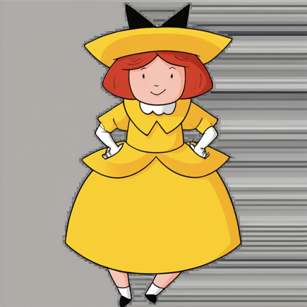 1girl, solo, Madeline, yellow hat with a black hair bow, white gloves, red hair, smile, full body, princess make up, Very long large floor length wide straight yellow tulle long sleeved ball gown hoop skirt, ball gown hoop skirt, yellow princess dress, hoopdress, white pearl necklace, long elbow length princess gloves, my big princess gypsy wedding dress, ballgown, a girl in a dress posing like a princess for a picture, looking at viewer, pretty eyes, she is posing, hands on hips, closed mouth, closed eyes,