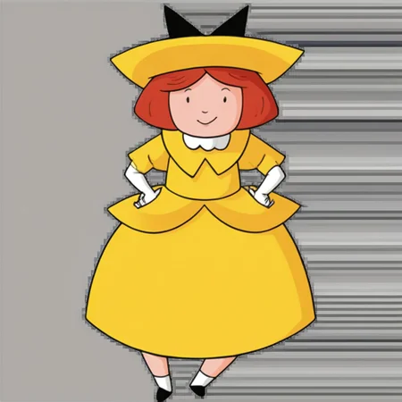 1girl, solo, Madeline, yellow hat with a black hair bow, white gloves, red hair, smile, full body, princess make up, Very long large floor length wide straight yellow tulle long sleeved ball gown hoop skirt, ball gown hoop skirt, yellow princess dress, hoopdress, white pearl necklace, long elbow length princess gloves, my big princess gypsy wedding dress, ballgown, a girl in a dress posing like a princess for a picture, looking at viewer, pretty eyes, she is posing, hands on hips, closed mouth, closed eyes,