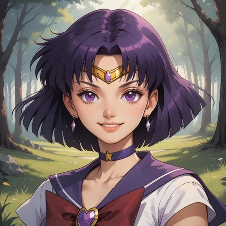 score_9, score_8, BREAK, solo, Sailor_Saturn_(Sailor_Moon), 1girl, bob cut, tiara, earrings, sailor senshi uniform, purple eyes, purple choker, purple sailor collar, red bowtie, white shirt, elbow gloves, white gloves, pleated skirt, purple miniskirt, purple boots, self portrait, smile, looking at viewer, outdoors, sunlight, shadows, evening lighting, natural lighting, forest, trees, grass, orange sky, sunset