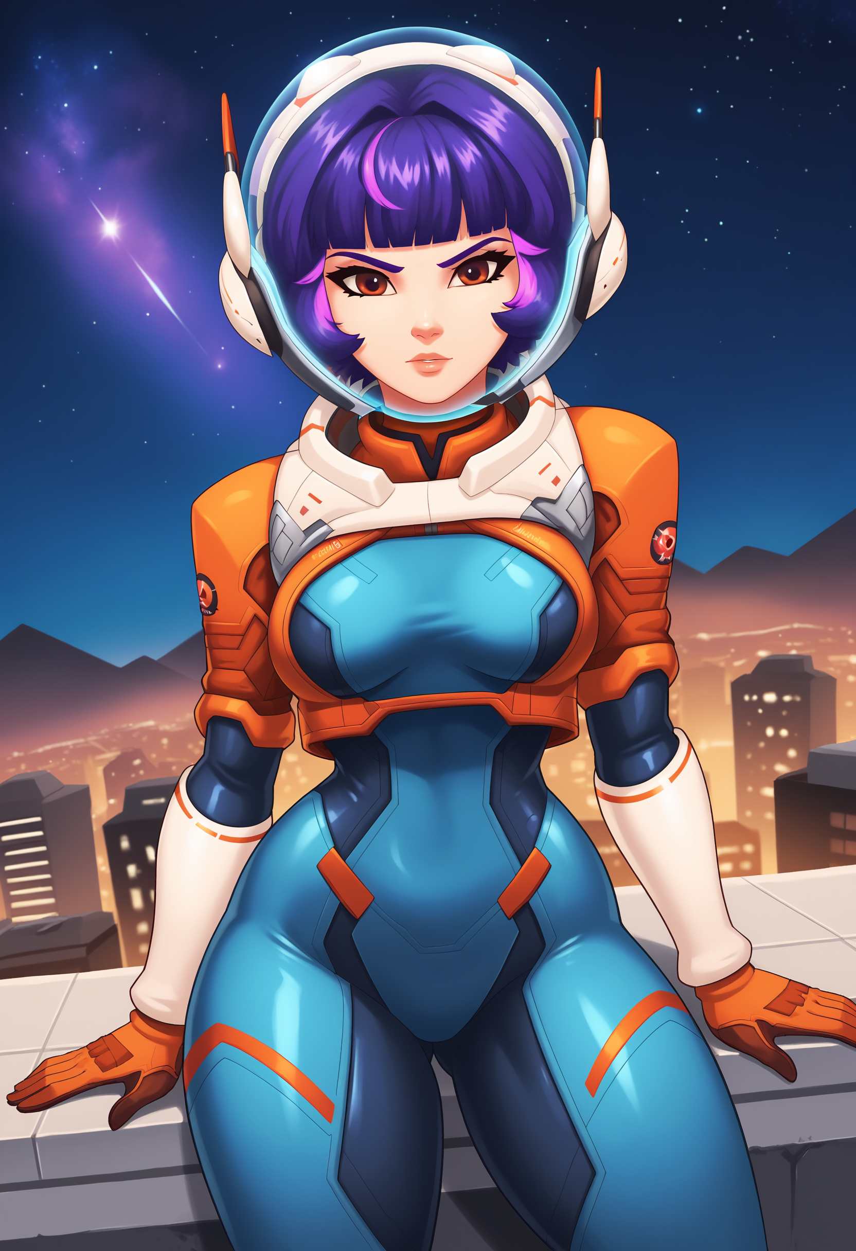 EBJuno, 1girl, solo, short hair, brown eyes, purple hair, blunt bangs, medium breasts, thick thighs, gloves, bodysuit, helmet, spacesuit, space helmet, outdoors, rooftop, city, night sky, upper body, looking at viewer, 
 <lora:Juno-04:0.9>, <lora:xl_more_art-full_v1:0.8>