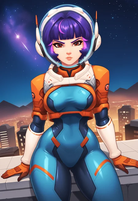 EBJuno, 1girl, solo, short hair, brown eyes, purple hair, blunt bangs, medium breasts, thick thighs, gloves, bodysuit, helmet, spacesuit, space helmet, outdoors, rooftop, city, night sky, upper body, looking at viewer, 
 <lora:Juno-04:0.9>, <lora:xl_more_art-full_v1:0.8>