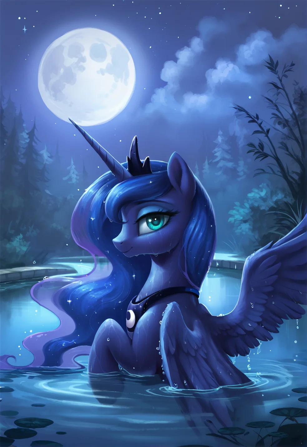 score_9, score_8_up, score_7_up, score_6_up, score_5_up, score_4_up, rating_questionable, princess luna, blue skin, blue body, alicorn, female, pony, solo, solo female, bathing, beautiful, bedroom eyes, bridge, cute, lake, looking at you, looking back, moon, night, water, wet, sweet dreams fuel, praise the moon, lunabetes, swanluna, smiling, spread wings, cottagecore, g4, detailed, beautiful, <lora:Wholesome-MLP-v1.4b:1>