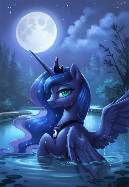 score_9, score_8_up, score_7_up, score_6_up, score_5_up, score_4_up, rating_questionable, princess luna, blue skin, blue body, alicorn, female, pony, solo, solo female, bathing, beautiful, bedroom eyes, bridge, cute, lake, looking at you, looking back, moon, night, water, wet, sweet dreams fuel, praise the moon, lunabetes, swanluna, smiling, spread wings, cottagecore, g4, detailed, beautiful, <lora:Wholesome-MLP-v1.4b:1>