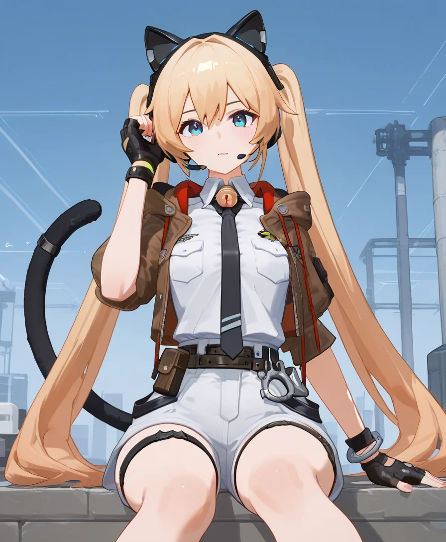 score_9, score_8_up, score_7_up, score_6_up, score_5_up, 1girl,
<lora:Michele Lee - Strinova-000008:0.8>, michele, twintails, cat investigator steady, white shirt, breast pocket, black necktie, neck bell, sleeveless shirt, brown jacket, short sleeves, belt, handcuffs, white shorts, thigh strap, cat ear headphones, headset, mechanical tail, partially fingerless gloves,
outdoors, sitting,
