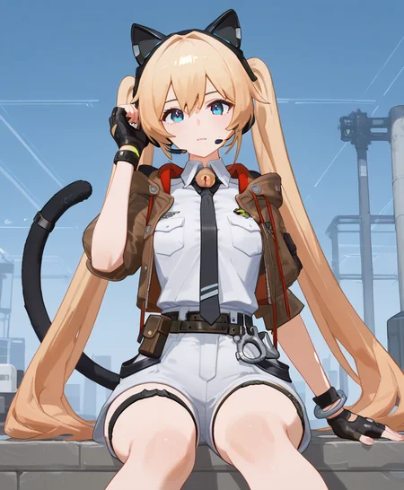 score_9, score_8_up, score_7_up, score_6_up, score_5_up, 1girl,
<lora:Michele Lee - Strinova-000008:0.8>, michele, twintails, cat investigator steady, white shirt, breast pocket, black necktie, neck bell, sleeveless shirt, brown jacket, short sleeves, belt, handcuffs, white shorts, thigh strap, cat ear headphones, headset, mechanical tail, partially fingerless gloves,
outdoors, sitting,