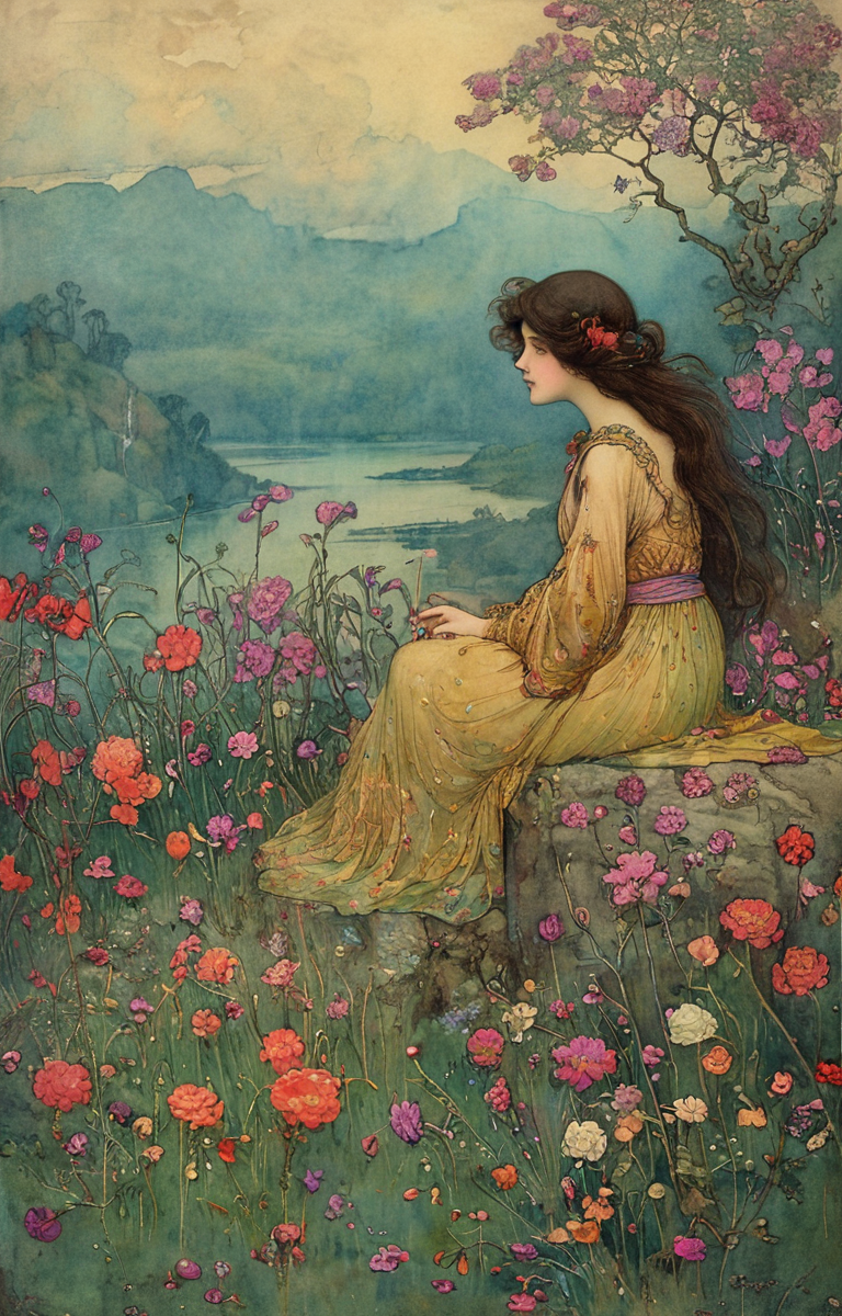 masterpiece,best quality,<lora:tbh144-sdxl:0.7>,patten,computer,flowers,illustration,style of Warwick Goble