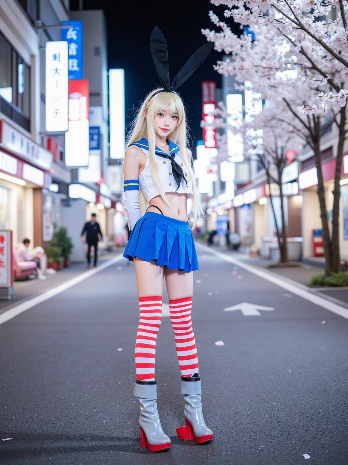 A realistic photo of a beautiful woman in cyb-shimakaze cosplay costume, include blue skirt and white shirt with blue collar and black neckrief. She is also wearing elbow gloves and white and red striped thighhighs and grey and red high heeled boots. She has long blonde hair with rabbit ears hairband. Her arms are behind back. The background is a japanese street with many shops and signs, cherry blossom trees beside the street, cherry blossom petals falling from the trees, at night. The photo is a full body shot with her entire body visible and with detail background.